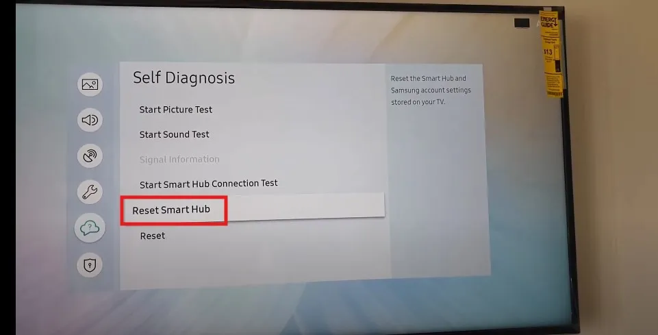 Screenshot of Samsung TV Smart Hub reset menu