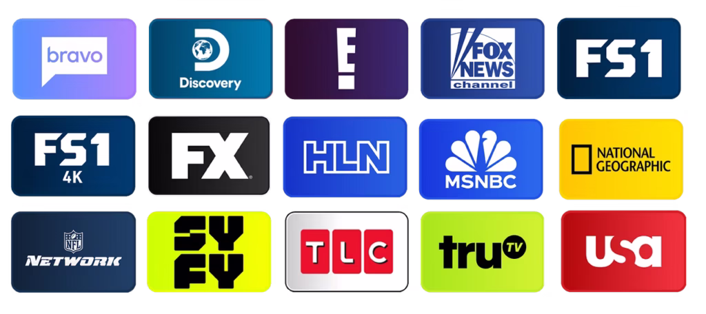 Visual of Sling Blue channel logos on a TV screen.