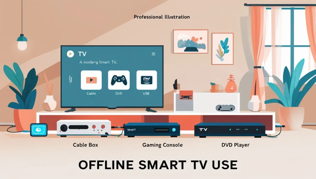 Smart TV connected to cable, gaming console, DVD player, and USB drive.