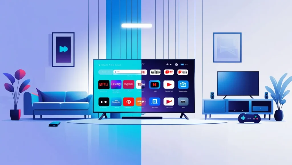 Illustration of a smart TV showing available and unavailable features without internet.