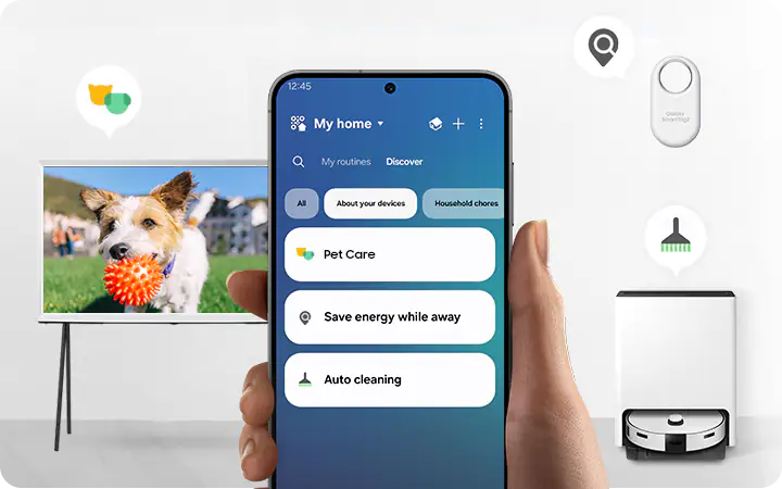 SmartThings app home screen with navigation tabs.