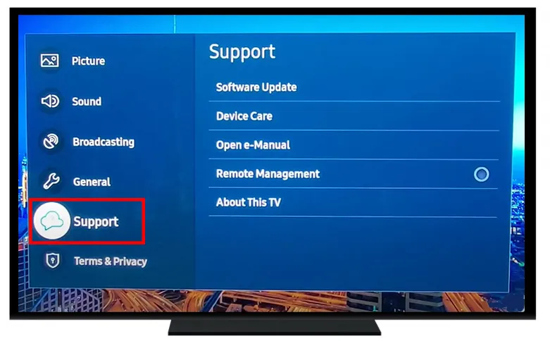 TV screen showing the settings menu with ‘Software Update’ option selected.