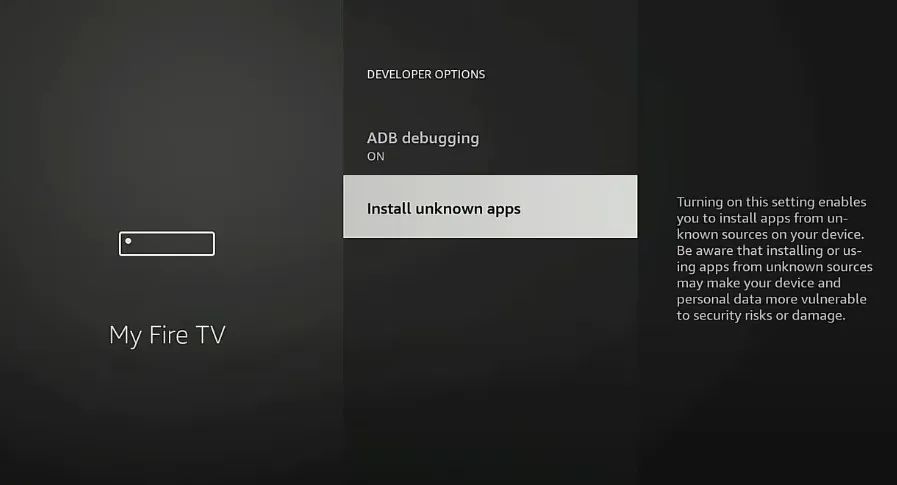 Firestick Developer Options screen.