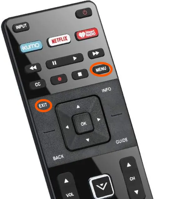 Vizio remote highlighting Exit and Menu buttons.