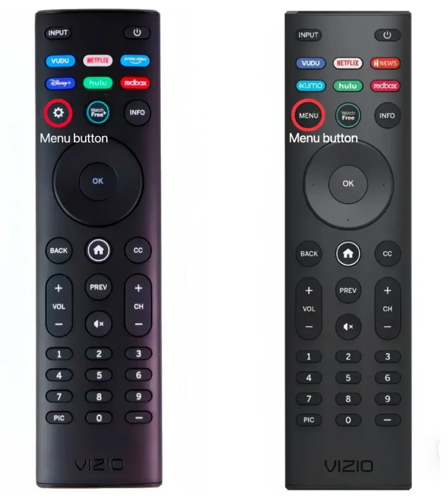 Vizio TV remote with Menu button circled.