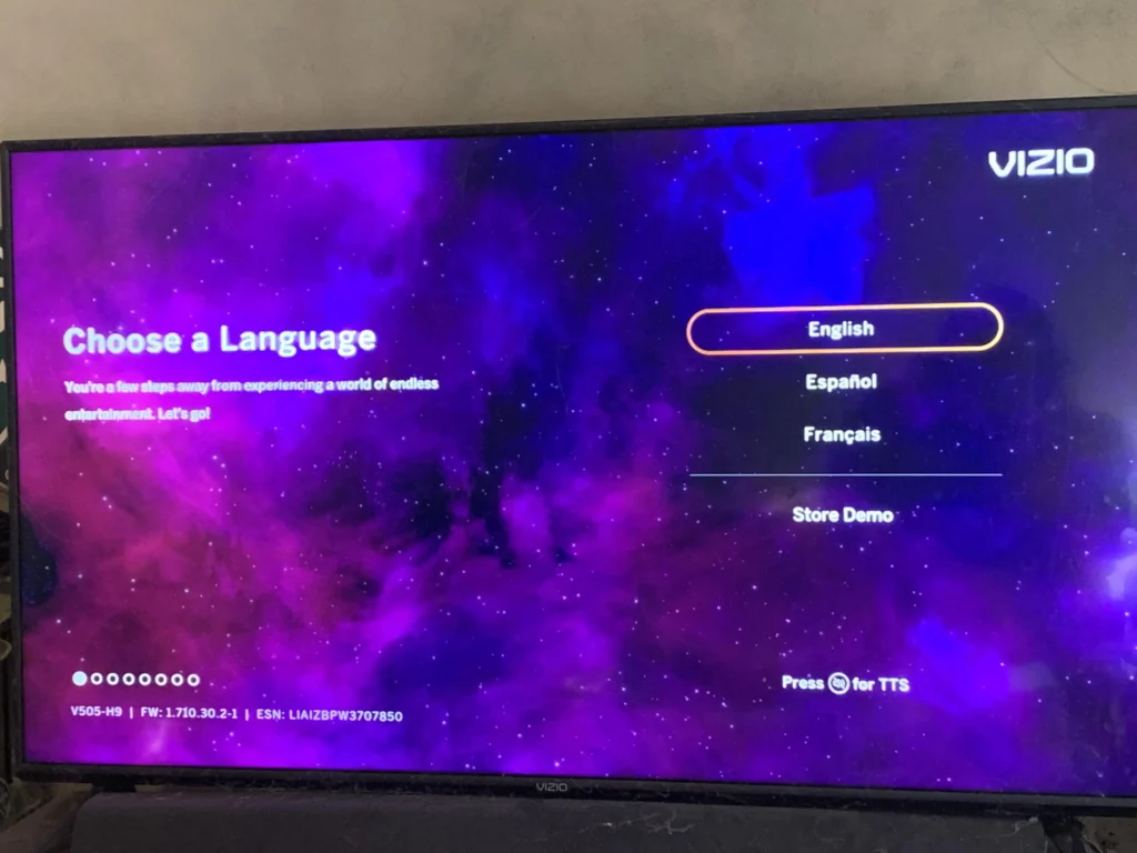 Vizio TV screen showing language options during setup.
