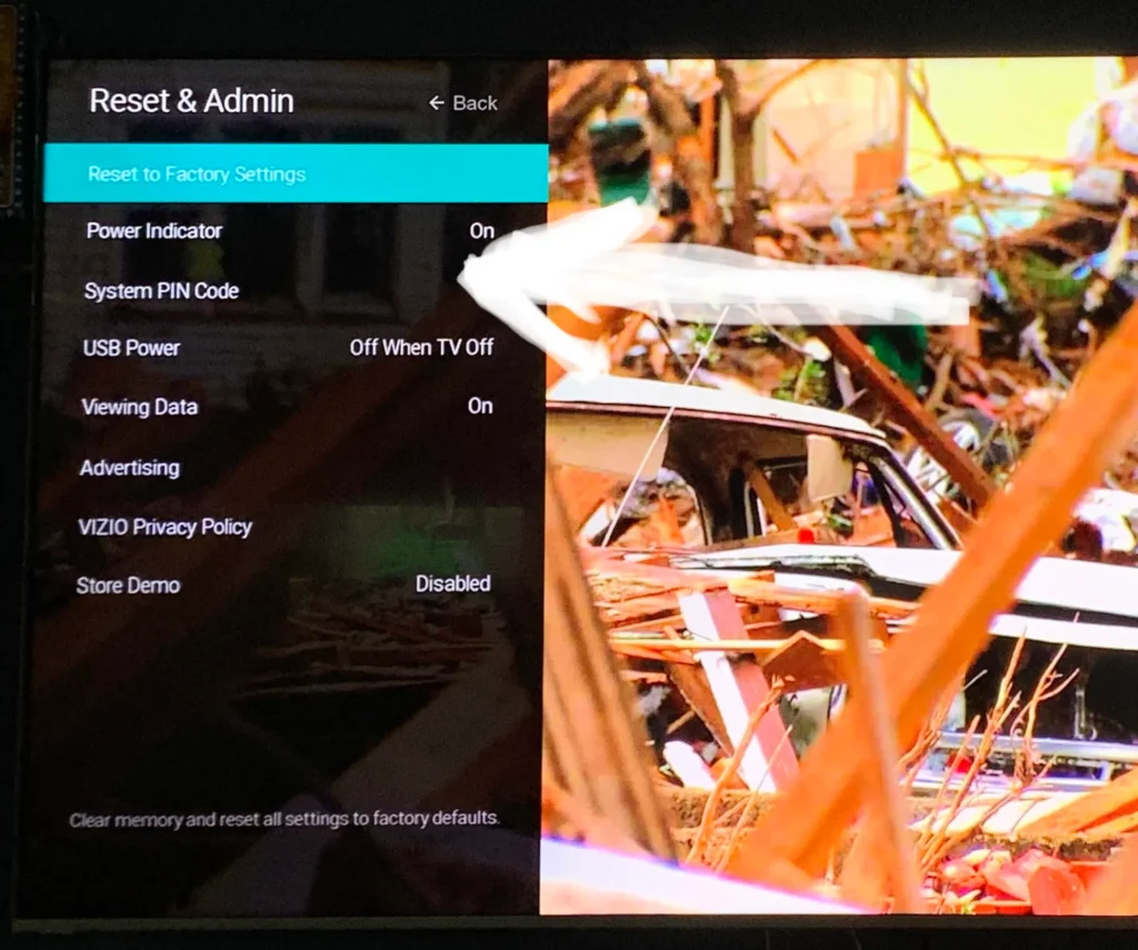 Vizio TV menu screen for settings adjustment