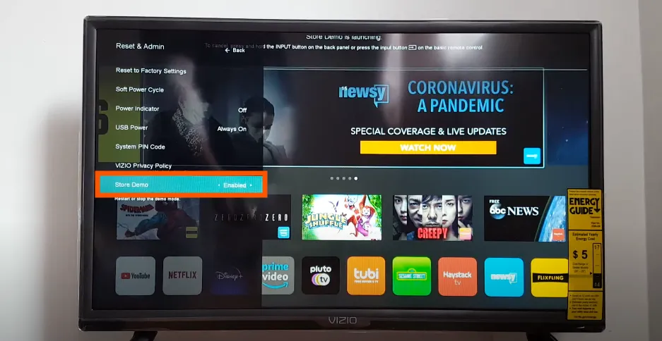 TV screen showing menu options to turn off Store Demo mode.