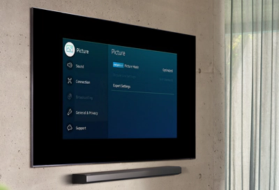 Samsung TV settings menu with support option highlighted.