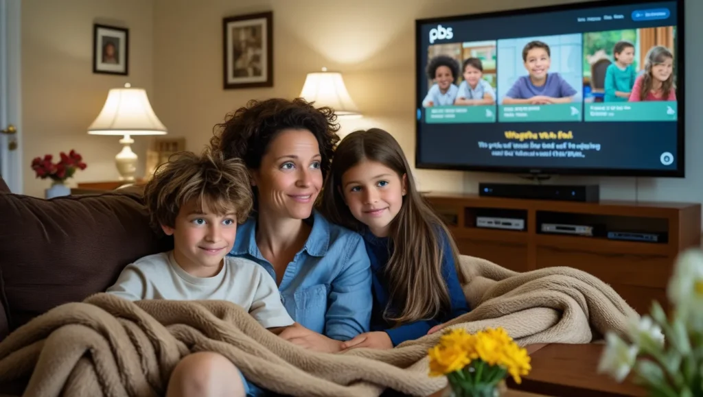 Family watching PBS on TV
