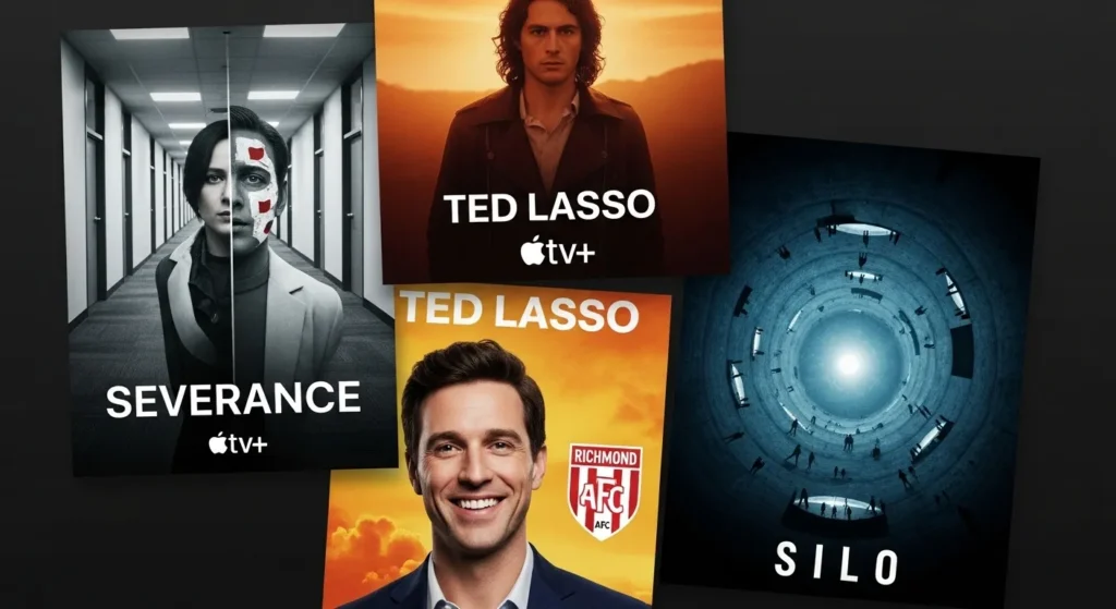 A selection of Apple TV+ hit shows, including Severance and Ted Lasso.
