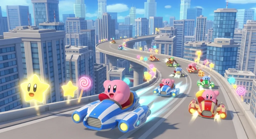 Kirby in City Trial mode collecting power-ups in a vibrant city map.