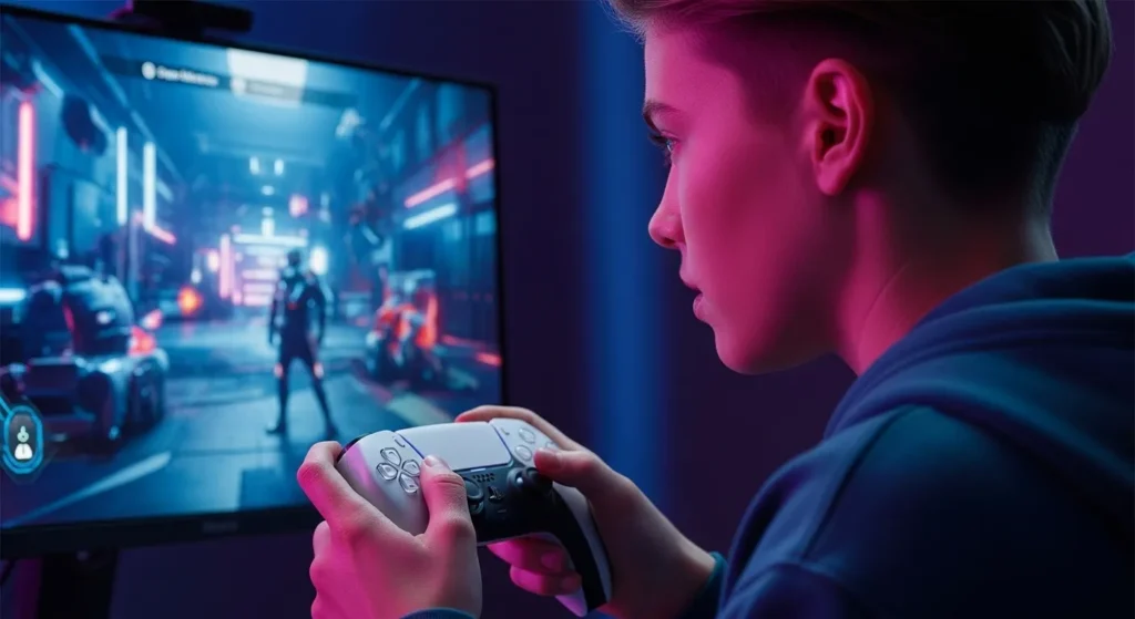 A gamer holding a PS5 controller in a modern gaming setup with a PS5 console.