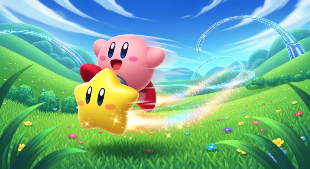 Kirby on Warp Star in colorful meadow for Nintendo Switch 2 game.