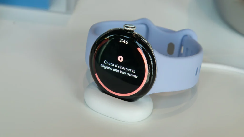 Pixel Watch 4 sitting on the new magnetic charging dock