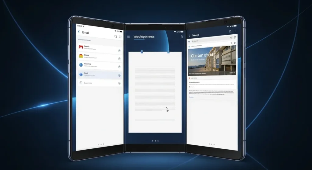 Samsung Galaxy Z TriFold with three apps open side by side
